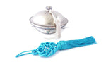 Pompon soie bleu Marocain pour porte ou porte clé, fabriqué main en fils de soie végètale, bleu turquoise electrique, 220mm, vendu à 'unité