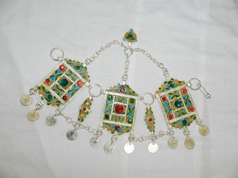 Bijoux amazighs berbères de coiffure - émail berbère, vieux ornements berbères en argent, bijoux touaregs pour les femmes marocaines mariée touareg du Maroc